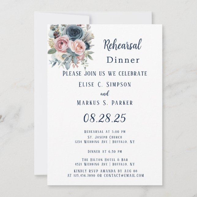 Invitation Dîner de répétition du Mariage de la Marine Blue B (Devant)