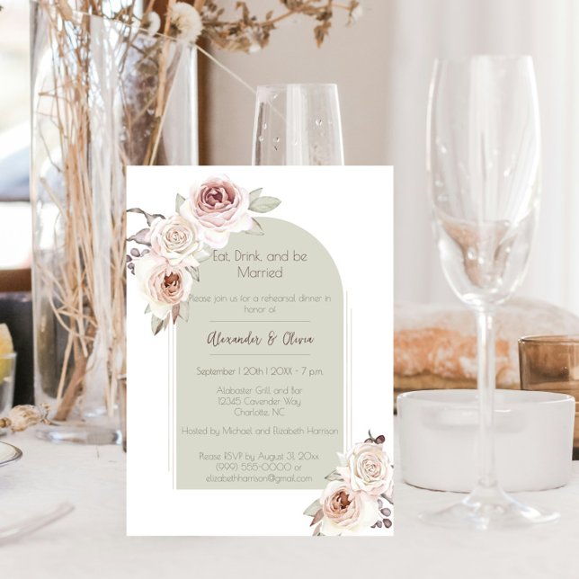 Invitation Dîner de répétition du Mariage de l'arc Rose de Bo (Bohemian Rose Arch Wedding Rehearsal Dinner)