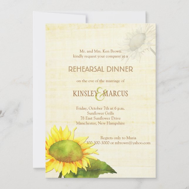 Invitation Dîner de répétition du Mariage de tournesol d'été (Devant)