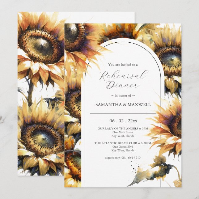 Invitation Dîner de répétition du Mariage de tournesol rustiq (Devant / Derrière)