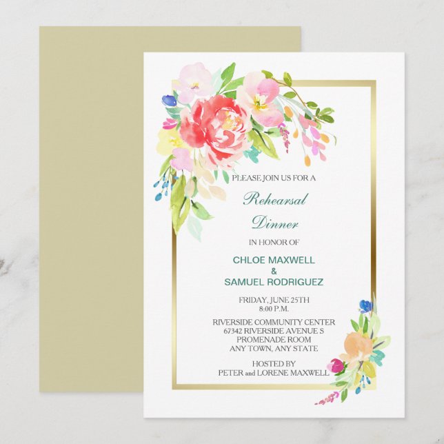 Invitation Dîner de répétition du Mariage du bouquet de print (Devant / Derrière)
