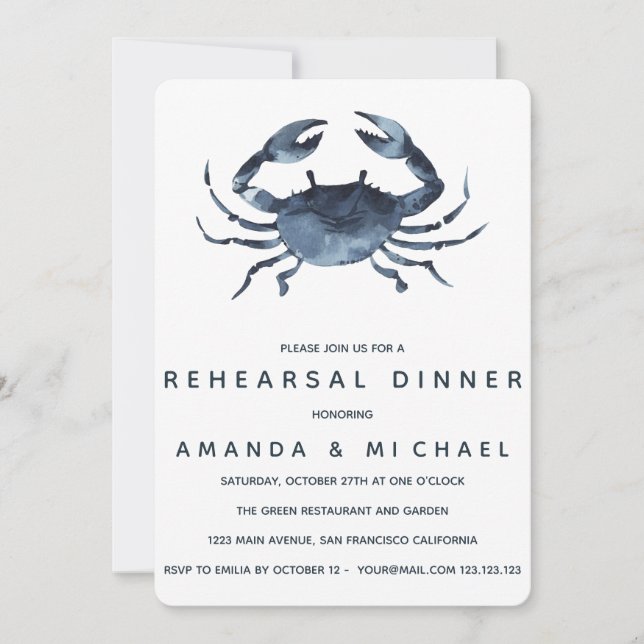 Invitation Dîner de répétition du Mariage du crabe bleu (Devant)