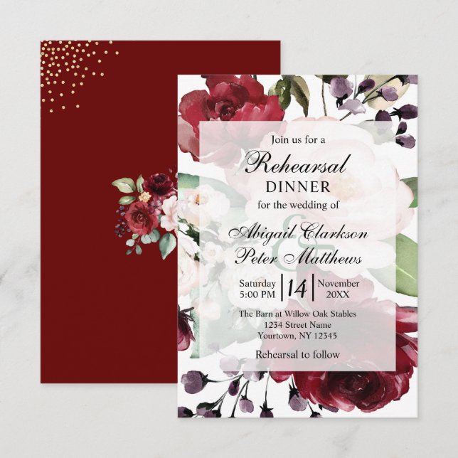Invitation Dîner de répétition du Mariage Floral Gold de Bour (Devant / Derrière)