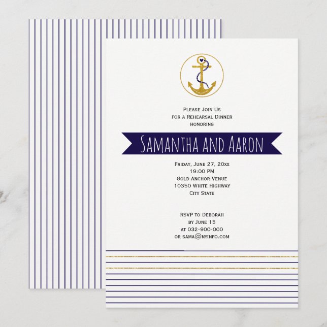 Invitation Dîner de répétition du mariage nautique de l'ancre (Devant / Derrière)
