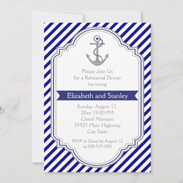 Invitation Dîner de répétition du mariage nautique de l'ancre (Devant)