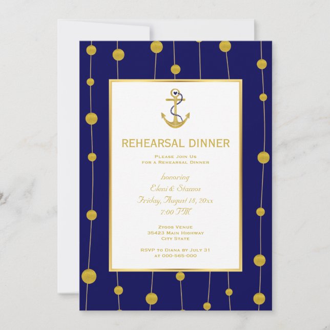 Invitation Dîner de répétition du mariage nautique de l'ancre (Devant)