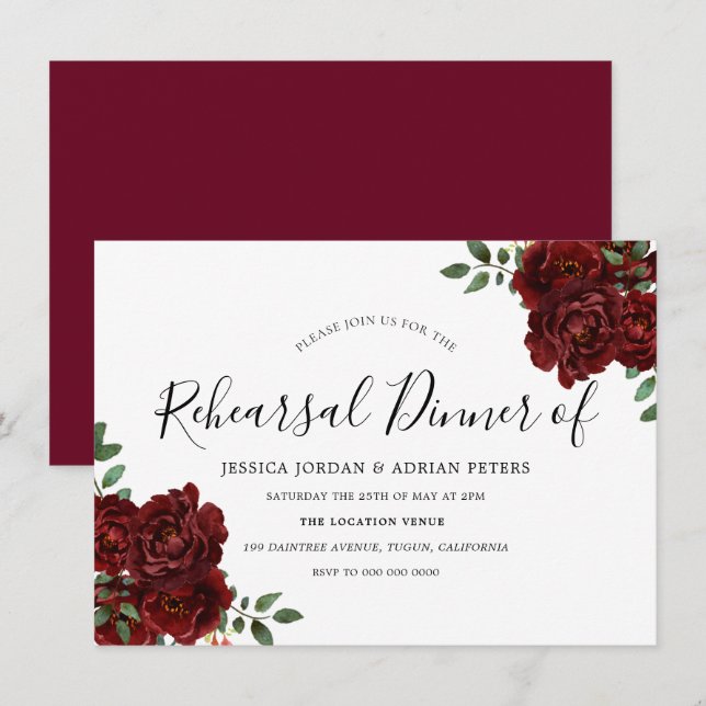 Invitation Dîner de répétition du Mariage romantique du Rose  (Devant / Derrière)