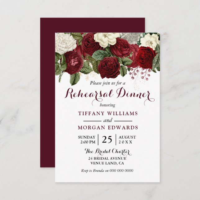 Invitation Dîner de répétition du Mariage rouge de Bourgogne (Devant / Derrière)