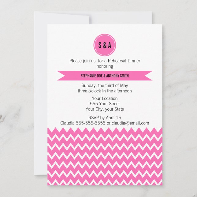 Invitation Dîner de répétition du Motif Monogram Hot Pink Zig (Devant)