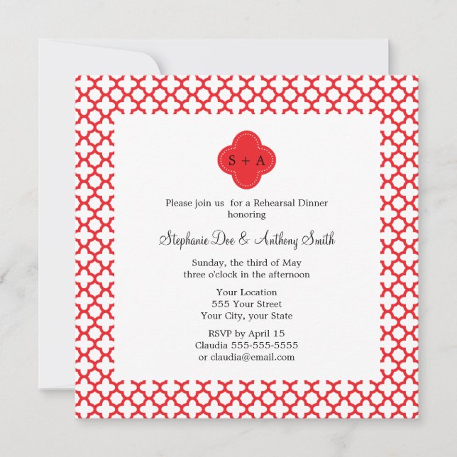 Invitation Dîner de répétition du Motif Monogram Red Quatrefo (Devant)