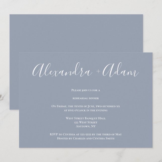 Invitation Dîner de répétition Dusty Blue Calligraphy Invitat (Devant / Derrière)