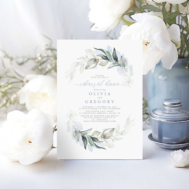 Invitation Dîner de répétition Dusty Blue Elegant Greenersal (Rehearsal Dinner Dusty Blue Greenery Invitation)