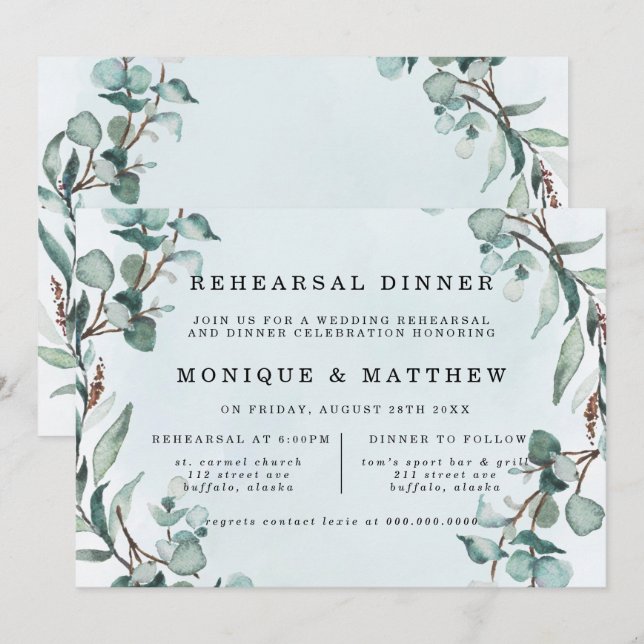 Invitation Dîner de répétition Dusty Blue Eucalyptus (Devant / Derrière)