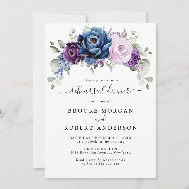 Invitation Dîner de répétition Dusty Blue Purple Lilac Blooms (Devant)