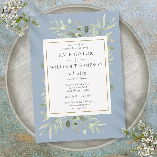 Invitation Dîner de répétition Dusty Blue Watercolor (Dusty Blue Watercolor Greenery Rehearsal Dinner Invitation)