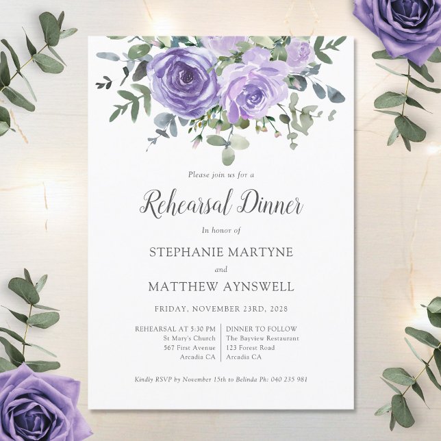 Invitation Dîner de répétition Dusty Purple Rose Eucalyptus (Créateur téléchargé)