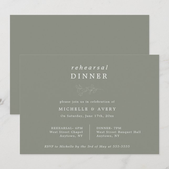 Invitation Dîner de répétition écologique Eucalyptus Sage Inv (Devant / Derrière)