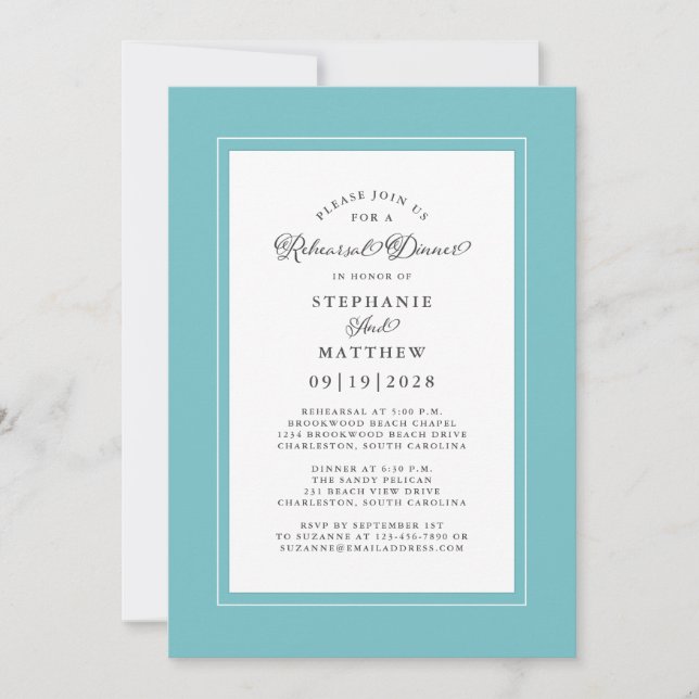 Invitation Dîner de répétition Elégant Aqua & White Mariage (Devant)