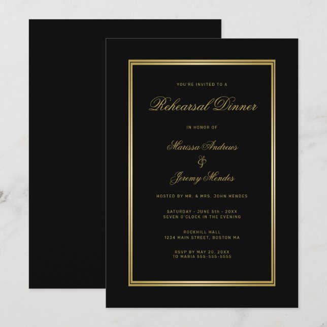 Invitation Dîner de répétition élégant avec écriture noire et (Devant / Derrière)