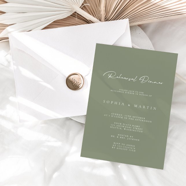 Invitation Dîner de répétition Elégant Dusty Green Calligraph (Créateur téléchargé)