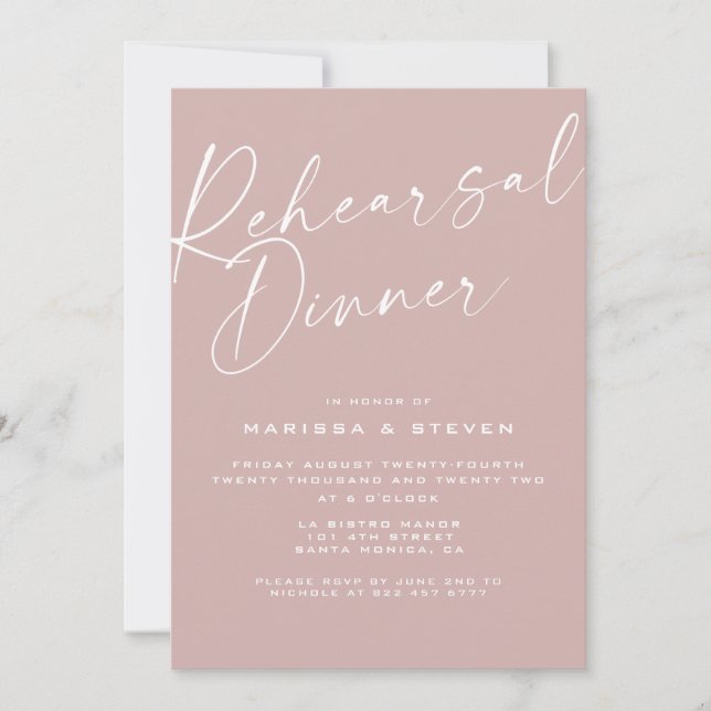 Invitation Dîner de répétition Elégant Dusty Pink Calligraphy (Devant)