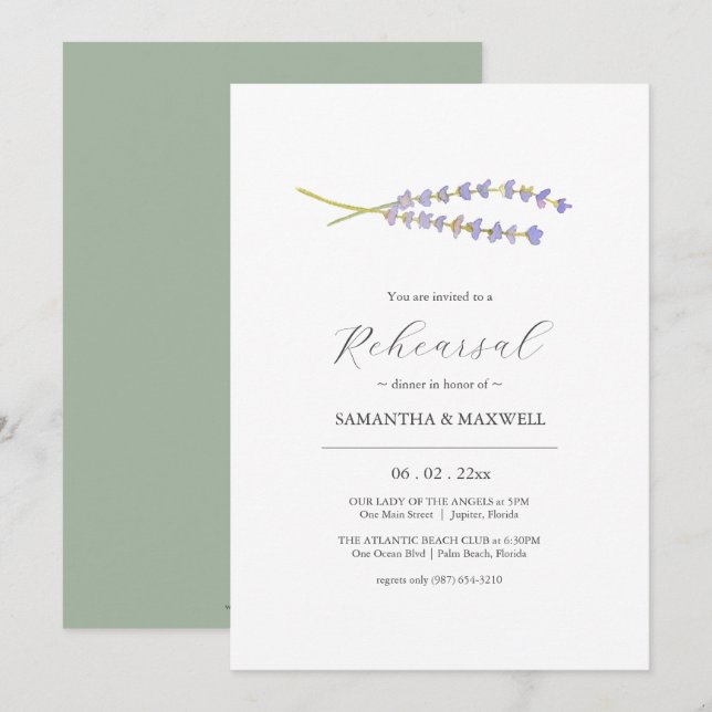 Invitation Dîner de répétition Élégant Fleurs de Lavande (Devant / Derrière)
