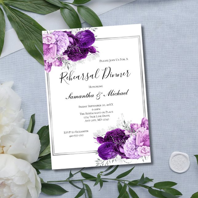 Invitation Dîner de répétition élégant floral d'argent violet (Purple Silver Floral Elegant Wedding Rehearsal Dinner Invitation. Printed  Instant digital download)