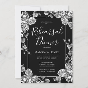 Invitation Dîner de répétition élégant floral noir et blanc