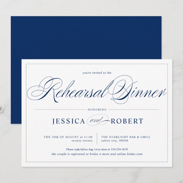 Invitation Dîner de répétition élégant Marine Blue Silver Lin (Devant / Derrière)