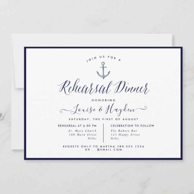 Invitation Dîner de répétition Elégant Nautical Navy Blue Anc (Devant)