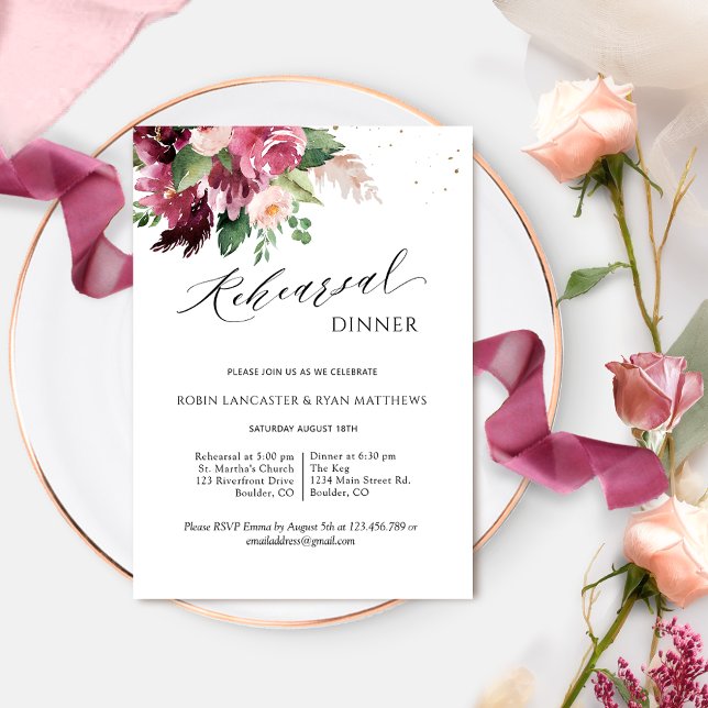 Invitation Dîner de répétition élégant rose bordeaux (Créateur téléchargé)