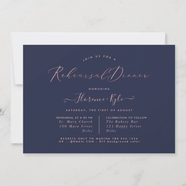 Invitation Dîner de répétition élégant, Rose Gold Luxe Script (Devant)