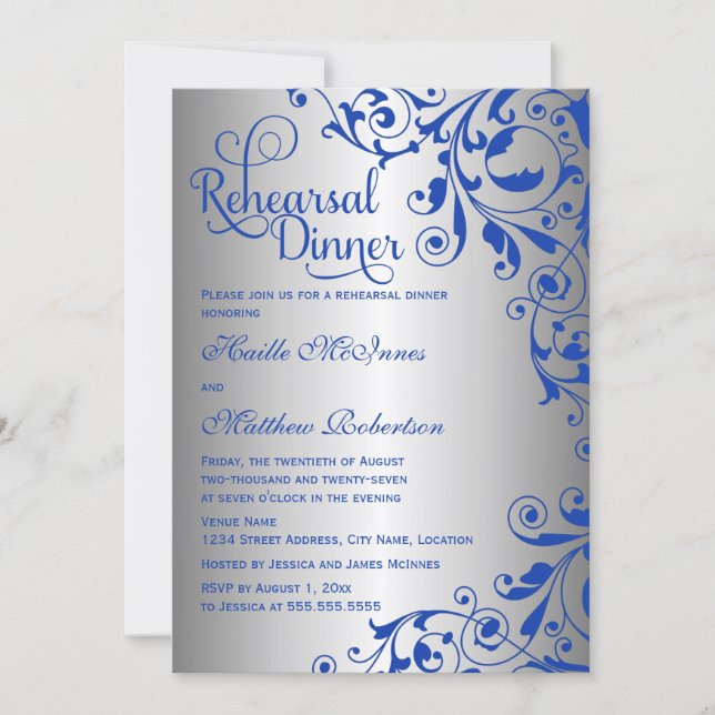 Invitation Dîner de répétition élégant Royal Blue Silver Swir (Devant)