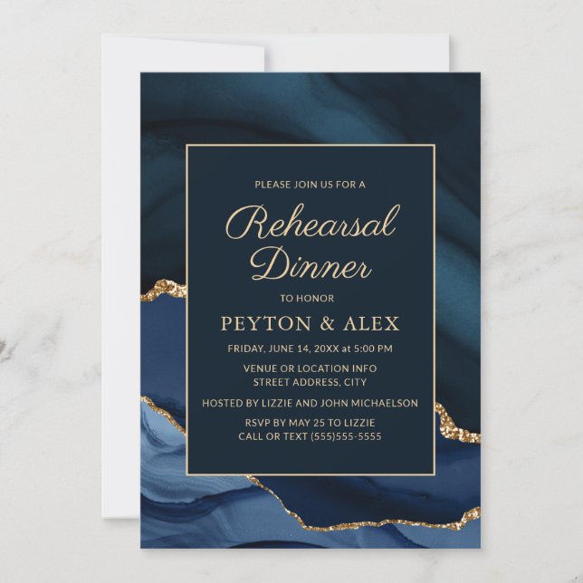 Invitation Dîner de répétition élégante Marble Navy Blue Gold (Devant)
