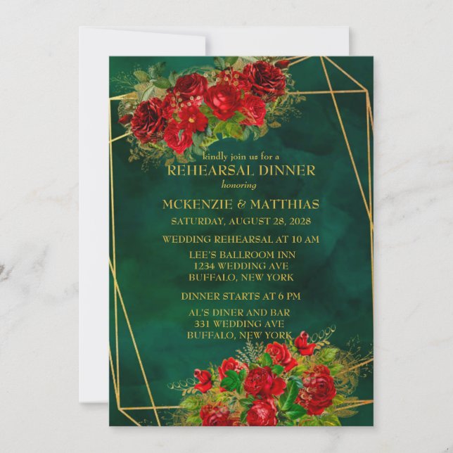 Invitation Dîner de répétition Emerald Gold Géométrique Rouge (Devant)