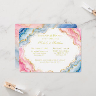 Invitation Dîner de répétition en agate rose bleu or