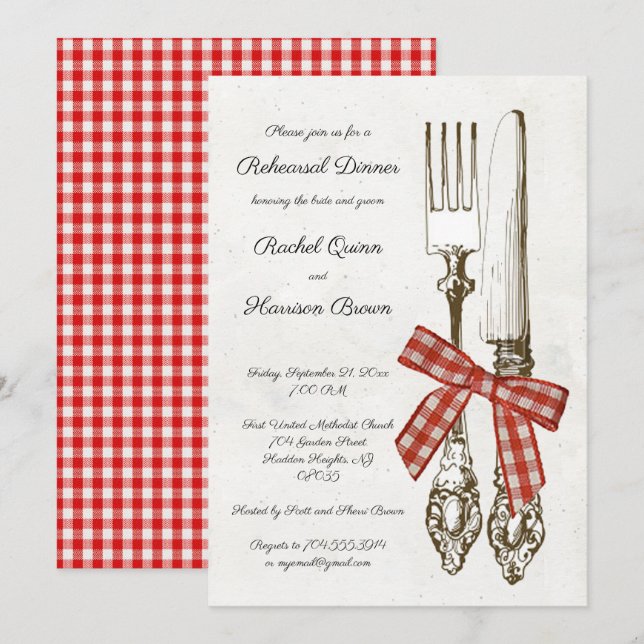 Invitation Dîner de répétition en argenterie et À damiers rou (Devant / Derrière)