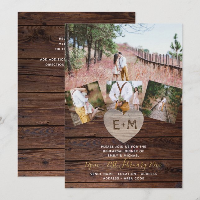 Invitation Dîner de répétition en bois rustique gravé au coeu (Devant / Derrière)