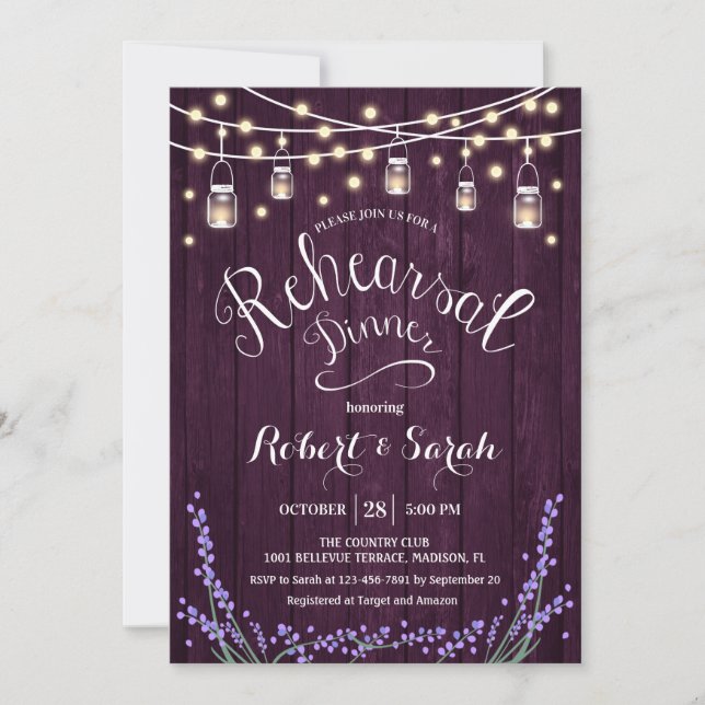 Invitation Dîner de répétition en bois violet rustique (Devant)
