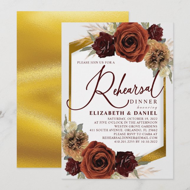 Invitation Dîner de répétition en laiton de Pampas et fleurs  (Devant / Derrière)