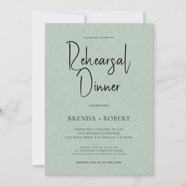 Invitation Dîner de répétition en lin vert simple et blanc (Devant)