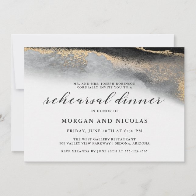 Invitation Dîner de répétition en marbre noir et or élégant (Devant)