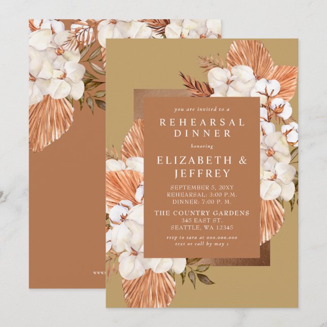 Invitation Dîner de répétition en Terracotta Gold Boho Pampas (Devant / Derrière)