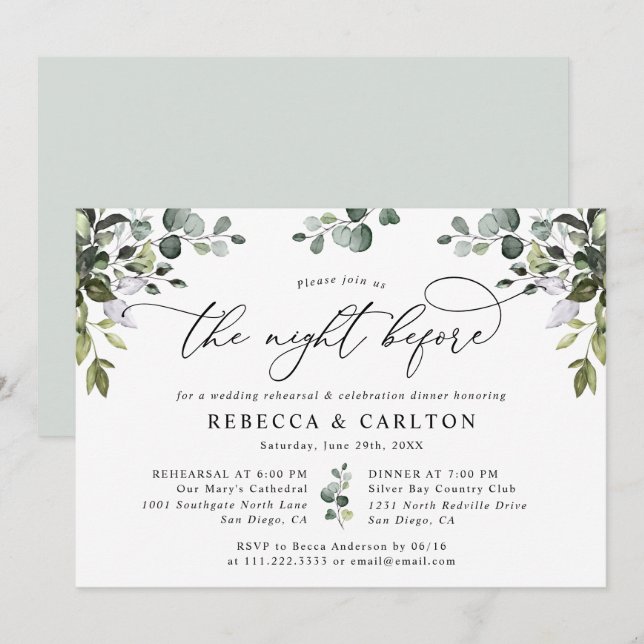 Invitation Dîner de répétition Eucalyptus Élégant (Devant / Derrière)