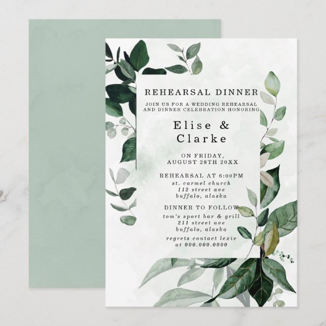 Invitation Dîner de répétition Eucalyptus Rustique (Devant / Derrière)