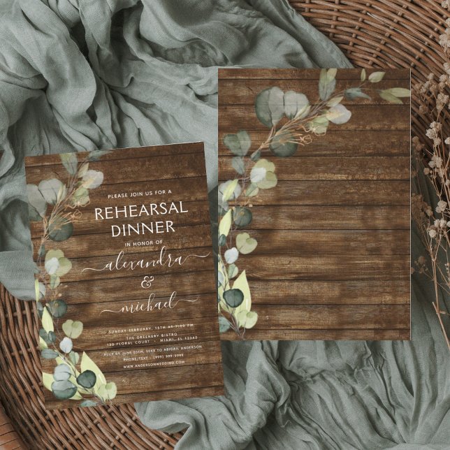Invitation Dîner de répétition Eucalyptus Verdure Bois rustiq (Créateur téléchargé)