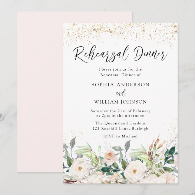 Invitation Dîner de répétition Euphoric Blush & White Flowers (Devant / Derrière)