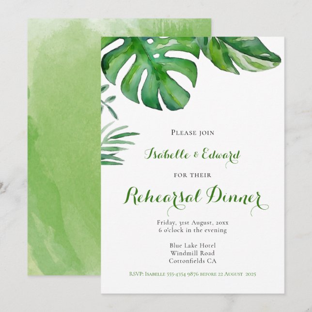 Invitation Dîner de répétition Feuille de palme d'aquarelle t (Devant / Derrière)
