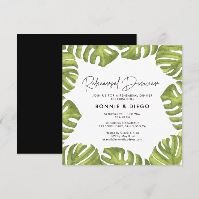 Invitation Dîner de répétition feuille de palme tropicale (Devant / Derrière)