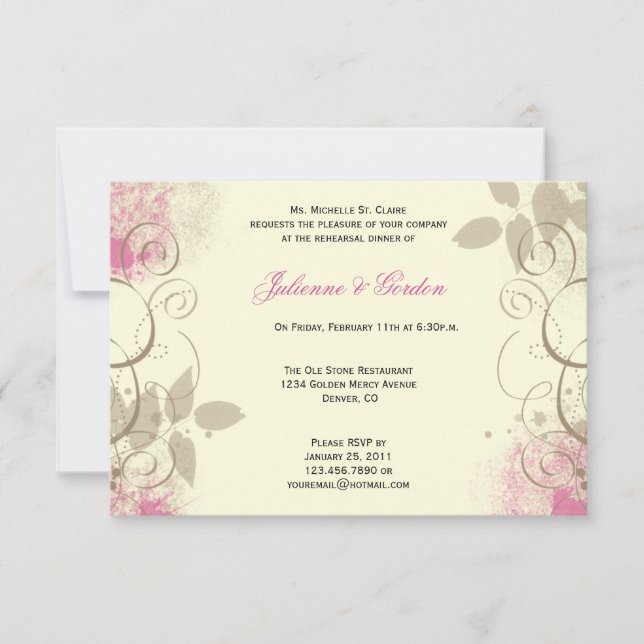 Invitation Dîner de répétition Feuille Pink Tan Grunge (Devant)